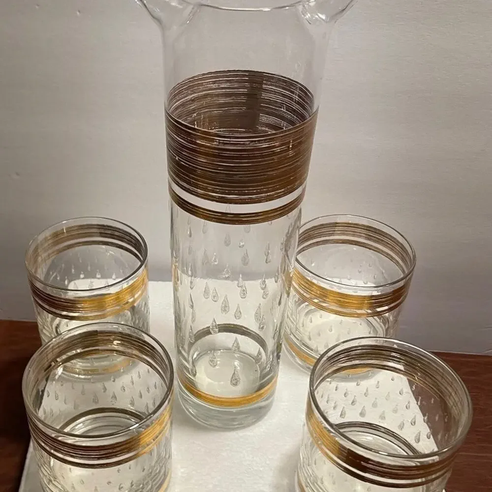Vtg Cera Glass DewDrop 22kt pitcher + lowball glasses x4 RARE FIND cocktail set